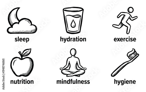 Hand-drawn icons illustrate essential healthy lifestyle habits including sleep, hydration, exercise, nutrition, mindfulness, and hygiene.