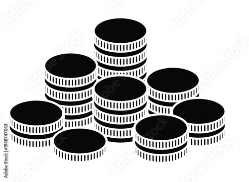 Stylized black and white of stacked coins, representing wealth and finance