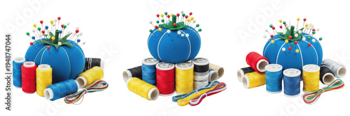Принти на полотні Blue Tomato Pincushion with Colorful Sewing Thread Spools and Needles - Tailorin