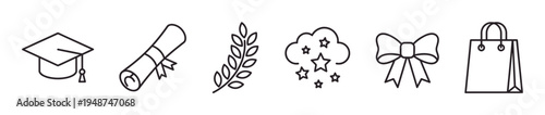 Set of six minimalist line art icons representing graduation, achievement, celebration, and gift-giving elements.