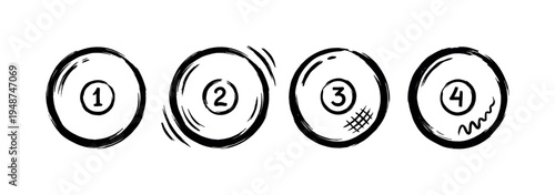 Four abstract hand-drawn black and white circles with numbers one to four illustrating a sequence or process.