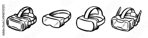 Collection of hand-drawn virtual reality headsets illustrating various designs for immersive digital experiences and gaming.