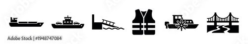 Diverse collection of black silhouette vector icons representing various aspects of water transportation and safety equipment.