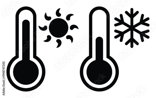 Thermometers showing hot and cold temperatures with sun and snowflake