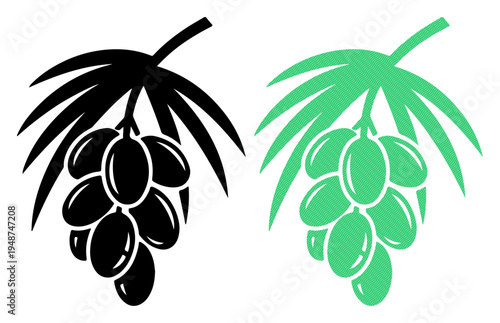 Silhouette of grapes on a vine, one black and one green, symbolizing freshness and nature