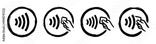 Contactless payment icons in a hand-drawn brush stroke style illustrating modern digital transaction methods.