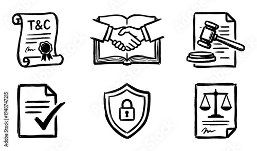Collection of hand-drawn legal and agreement icons, including terms and conditions, handshake, gavel, security, and justice symbols.