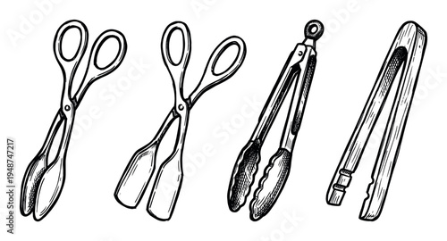 Various hand-drawn kitchen tongs are depicted in a set, showcasing different designs for cooking and serving food.