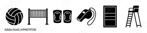 Collection of black silhouette icons illustrates essential volleyball equipment and accessories for the game.