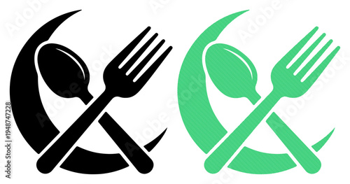 Crescent moon with crossed fork and spoon, representing food and dining.