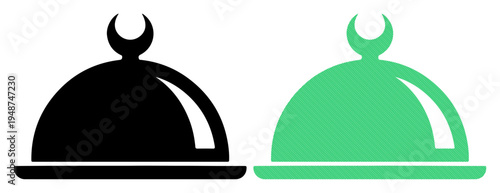 Two covered dishes with crescent moon symbols, symbolizing halal food or Islamic cuisine