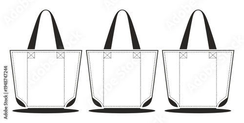 Three identical tote bags with handles, presented in a clean, minimalist line style