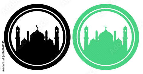 Iconic mosque silhouette in circular frames, representing Islamic architecture and faith