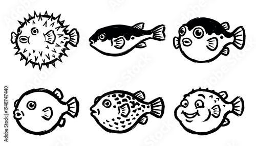 Collection of six hand-drawn cartoon pufferfish illustrations, showcasing various shapes and expressions of these unique marine creatures.