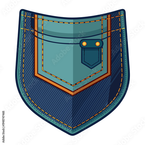 A colorful illustration of a jeans pocket with orange stitching