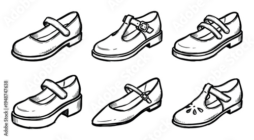 Collection of hand-drawn Mary Jane shoes in various classic and modern styles, featuring straps and buckles.