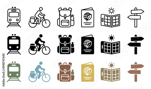 Collection of travel and tourism icons displayed in three distinct styles, including outline, solid, and colored variations.