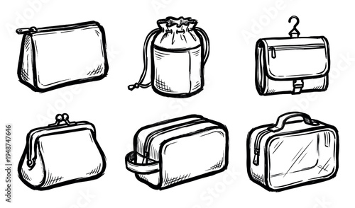 Collection of hand-drawn sketch illustrations depicting various cosmetic bags and travel pouches.