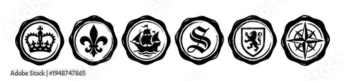 Six vintage-style black wax seals with various historical and nautical symbols are arranged in a row.