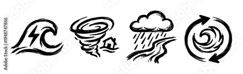 Brushstroke icons depicting various natural disasters and extreme weather phenomena like tsunami, tornado, heavy rain, and hurricane.