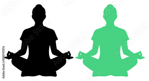 Two silhouettes of people meditating in a calm, balanced pose against a white background.