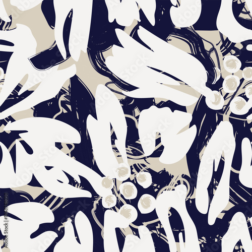 Navy Beige Abstract Floral Fashion Textile Design