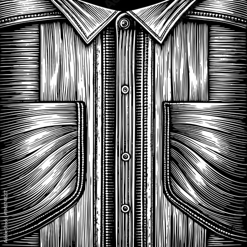 Detailed illustration of a denim shirt with collar and pockets