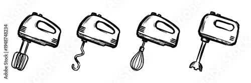 Hand-drawn sketch illustrations of various kitchen hand mixers with different attachments for baking and food preparation.