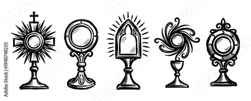 Collection of hand-drawn monstrances, sacred vessels used in Christian worship for the display of the consecrated host, depicted in a sketchy style.