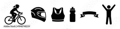 Set of black silhouette icons representing various elements and activities associated with cycling and sports.