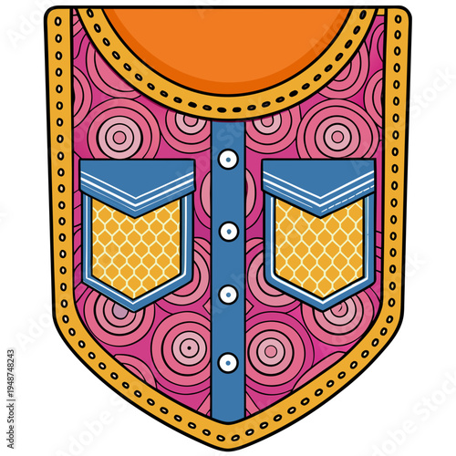 Colorful illustration of a shirt with decorative pockets and buttons