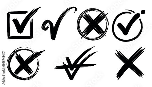 Collection of hand-drawn check marks and cross marks in different styles symbolizes approval, rejection, and selection.