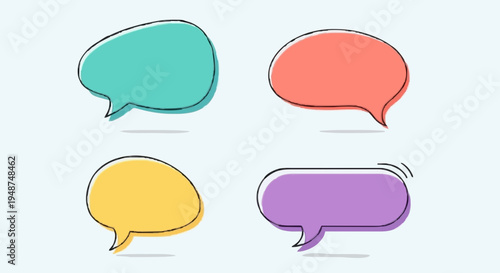 Four elegant, rounded speech bubbles with a soft gradient fill and a secondary offset black outline, creating a trendy layered graphic effect.