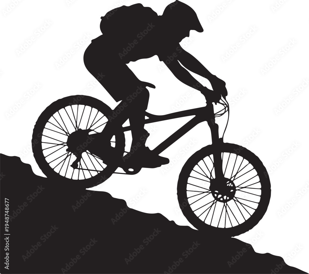 Obraz premium Silhouette of a Mountain Biker Descending Down a Steep Rocky Slope
