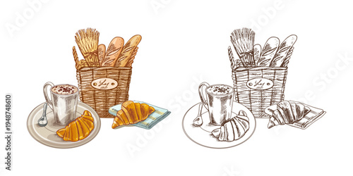 Hand drawn vintage bakery breakfast set with bread basket croissant coffee cup plate illustration