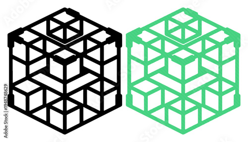 Geometric cube designs in black and green, representing structure and innovation.