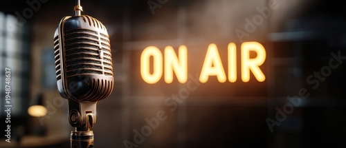 The Microphone in a Vintage Studio with Glowing On Air Neon Sign