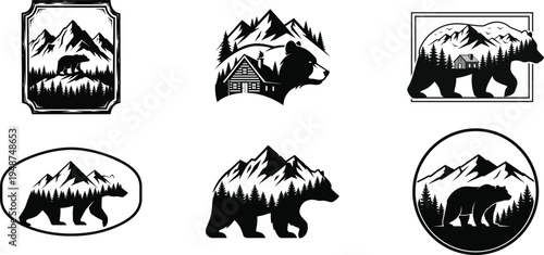 Bear silhouette logo collection with mountain landscape forest cabin wildlife badge emblem vintage outdoor adventure camping nature vector illustration set
