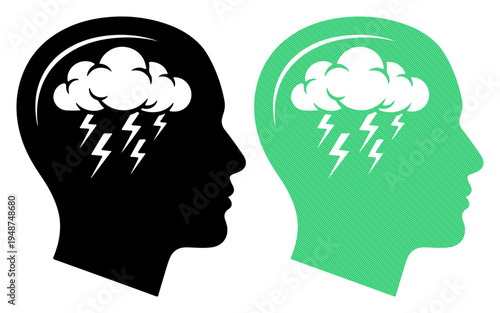 Two silhouette profiles representing internal mental turmoil and stress with storm clouds and lightning inside
