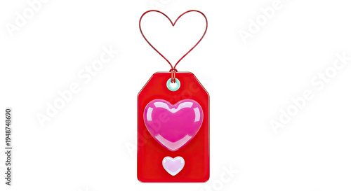 Red Gift Tag with Pink Hearts and Heart-Shaped Wire Hanger