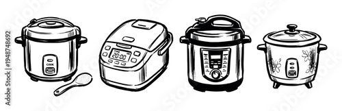 Diverse collection of hand-drawn rice cookers and a serving spoon, depicted in a black and white sketch style.