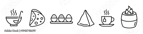Diverse collection of outline icons representing various hot food and beverage items, including soup, flatbread, tea, and a fire pit.