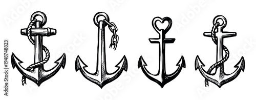 Four hand-drawn anchors with ropes and chains symbolize nautical themes and maritime adventures.
