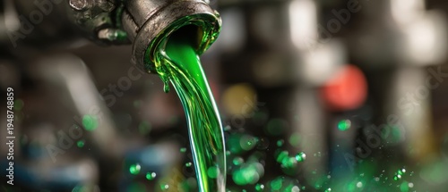 The Green Liquid Pouring from an Industrial Pipe with Dramatic Motion and Splash