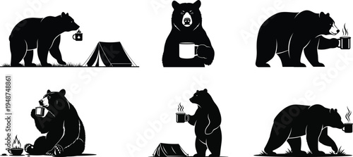 Camping bear with coffee silhouettes set, wildlife camping adventure vector illustration