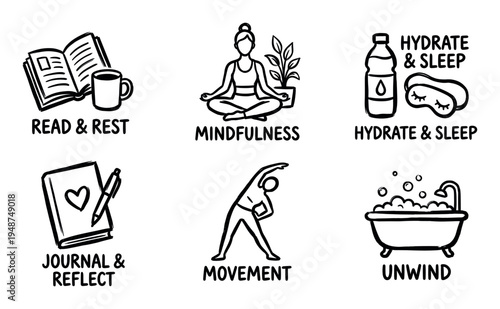Set of doodle-style icons illustrating various self-care and wellness activities for a healthy lifestyle.