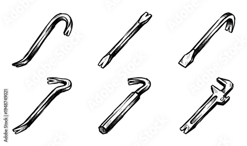 Hand-drawn sketch illustration set featuring various types of metal crowbars and pry bars used for construction and demolition work.