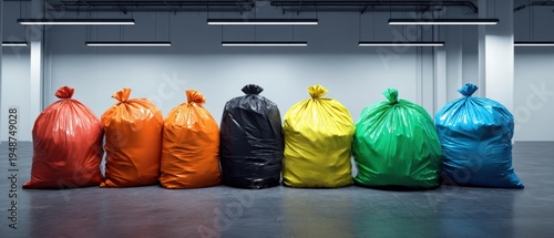 The garbage bags arranged in rainbow colors inside a modern industrial warehouse space