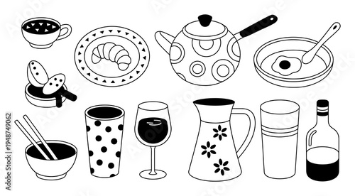 Collection of Food and Drink Breakfast, Teapot, and Beverages