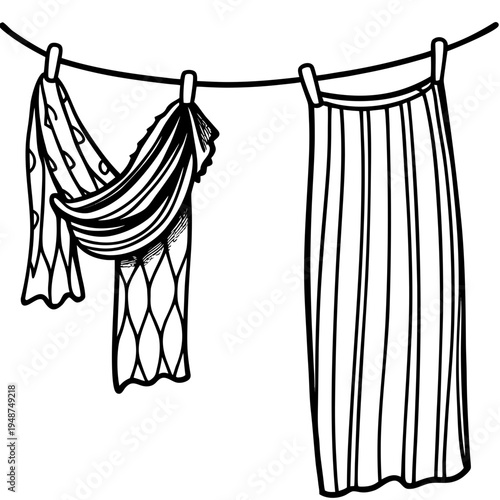 Black and white illustration of clothes hanging on a clothesline with clips